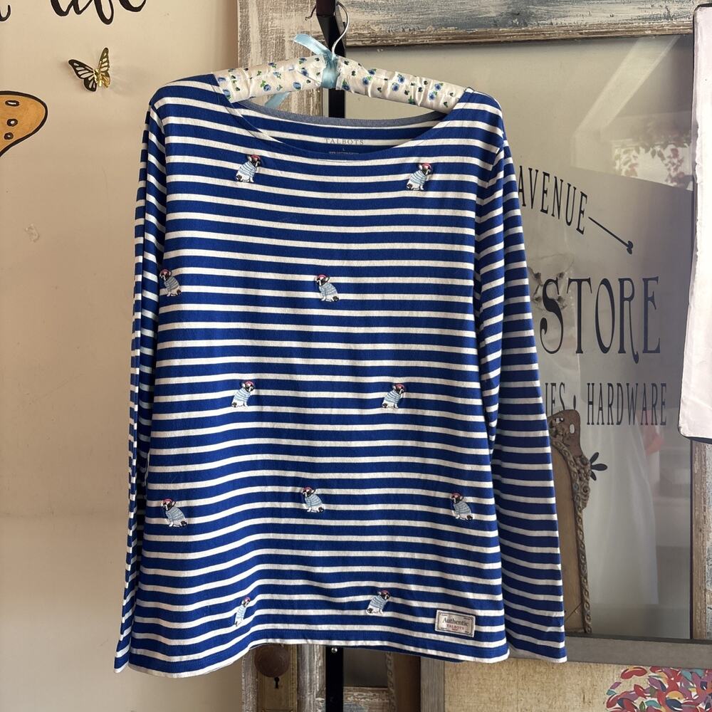 Authentic Talbots Nautical French Bulldog Royal Blue Stripes Blouse Size Large